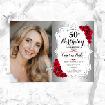 Convites Elegante Silver White Rosa vermelha Foto 50º Anive<br><div class="desc">Elegante convite floral feminino para o 50º aniversário com sua foto. Glam design com falso prata. Apresenta rosa vermelha, fonte de script e confetti. Perfeito para uma festa de comemoração de na moda adulto. Personalize com seus próprios detalhes. Pode ser personalizado para qualquer idade! Impressos convites Zazzle ou modelo de...</div>
