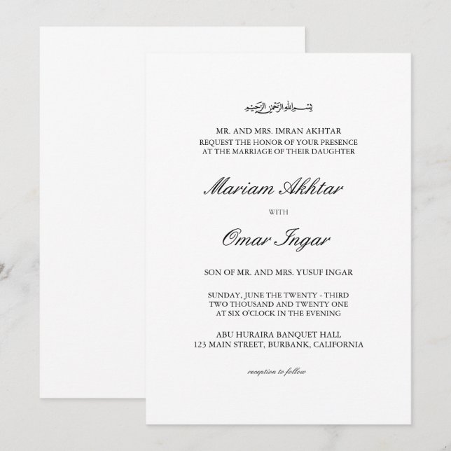 Convites Elegante Simples Casamento Islâmico Preto e Branco (Frente/Verso)