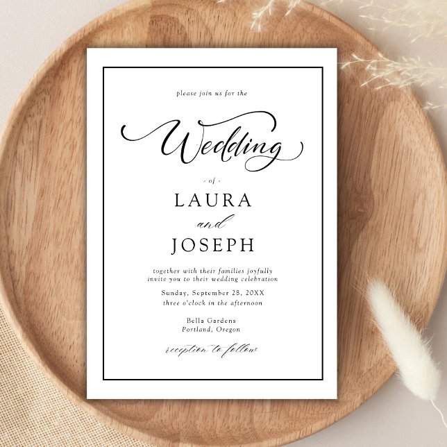 Convites Elegante Simples Clássico Casamento Preto e Branco (Elegant simple classic black and white wedding invitation sets a timeless tone with your details)
