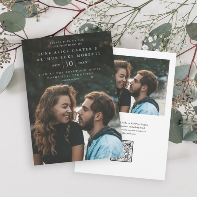 Convites Elegante Simples Código QR de Foto RSVP Casamento  (Simple type photo wedding invitation with QR Code RSVP on the back.)