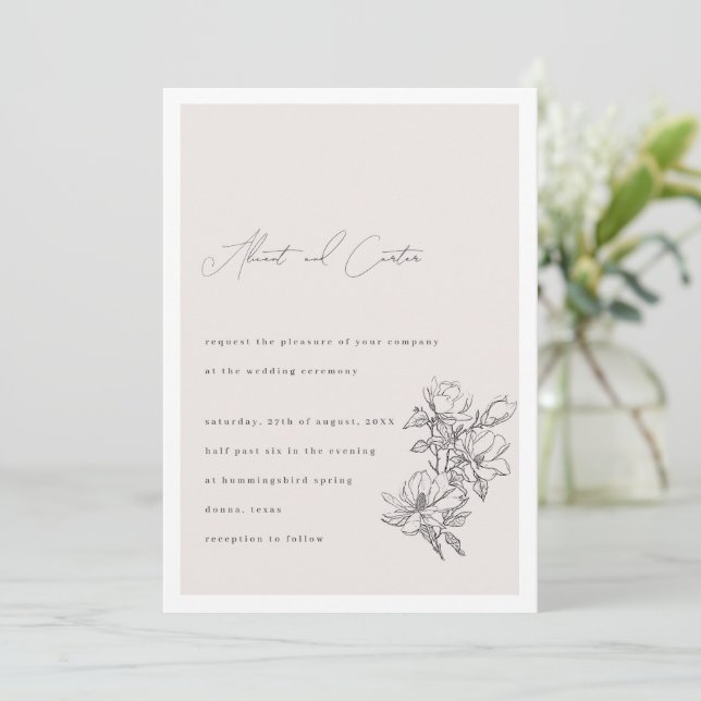 Convites Elegante Simples Com Flores De Arte De Linha E Inv (Em pé/Frente)