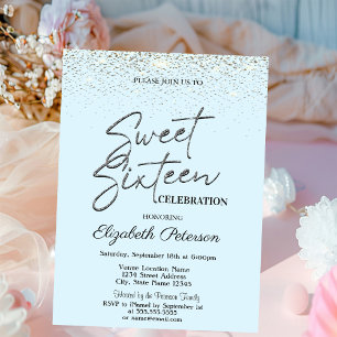 Convites Elegante Simples Confetes Azul Claro Sweet 16