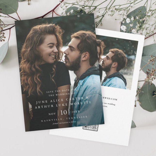 Convites Elegante Simples Foto Casamento Salve a Data (Elegant photo wedding save the date with classic typography overlay and QR code.)