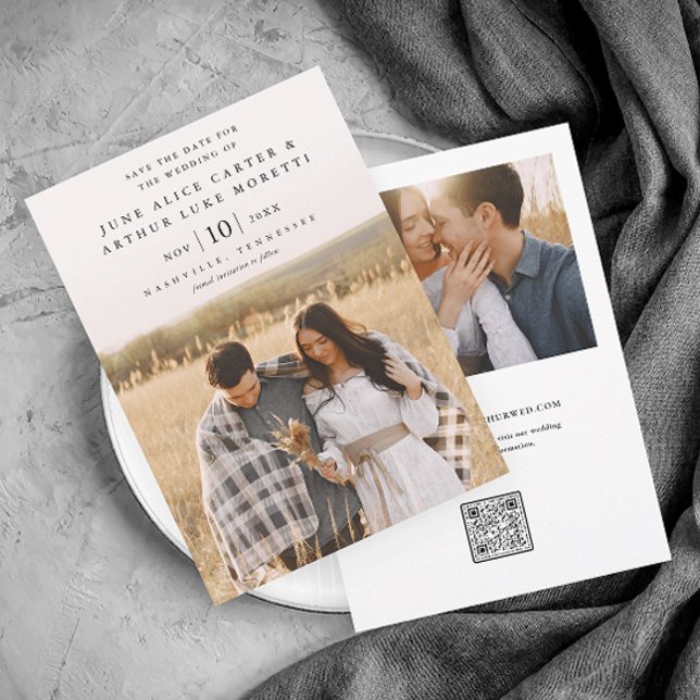 Convites Elegante Simples Foto Casamento Salve a Data (Simple Elegant Photo Wedding Save the Date Card with QR Code.)