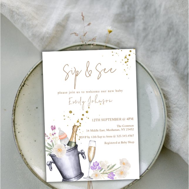 Convites Elegante Sip & Consulte Chá de fraldas de Frasco d (Elegant Sip & See Champagne Bottle Baby Shower Invitation)