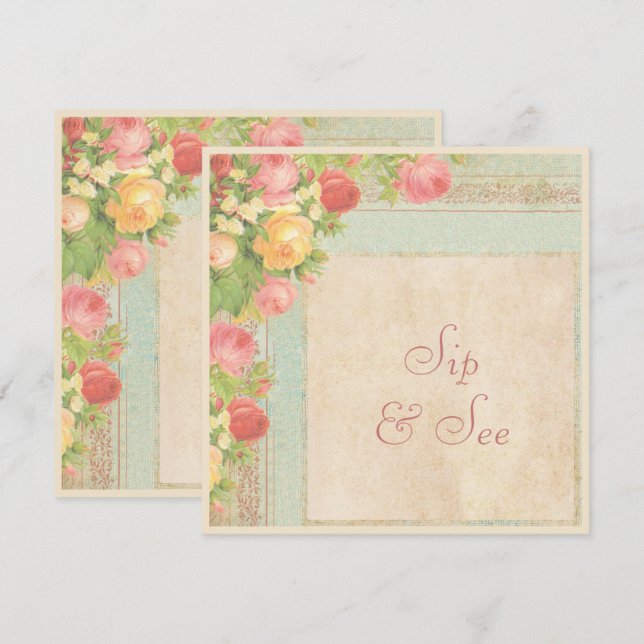 Convites Elegante Sip & See Rosas Vintage (Frente/Verso)