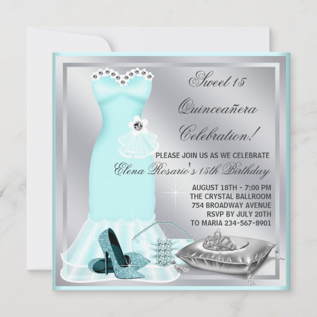 Convites Elegante Sivler e Teal Blue Quinceanera (Frente)