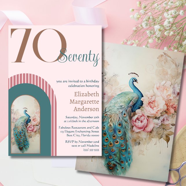 Convites Elegante Sofisticado Rosa Bege Pavão Aniversário (Criador carregado)