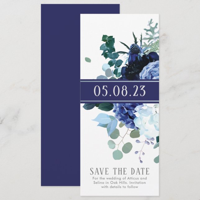 Convites Elegante Soft Índigo e Save the date de casamento (Frente/Verso)