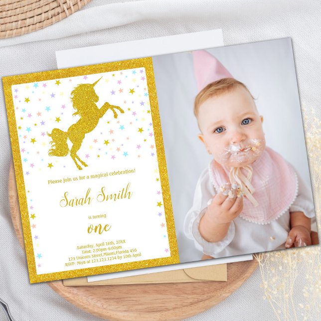 Convites Elegante Sparkle Party for Girls (Golden Unicorn Birthday Invitations with photo)