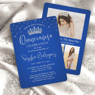 Convites Elegante Sparkles Quinceañera 3 Foto Royal Blue