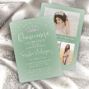 Convites Elegante Sparkles Quinceañera 3 Photo Sage Green