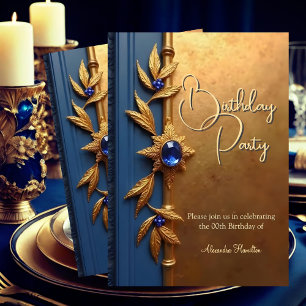 Convites Elegante Steel Royal Blue Dourado Birthday