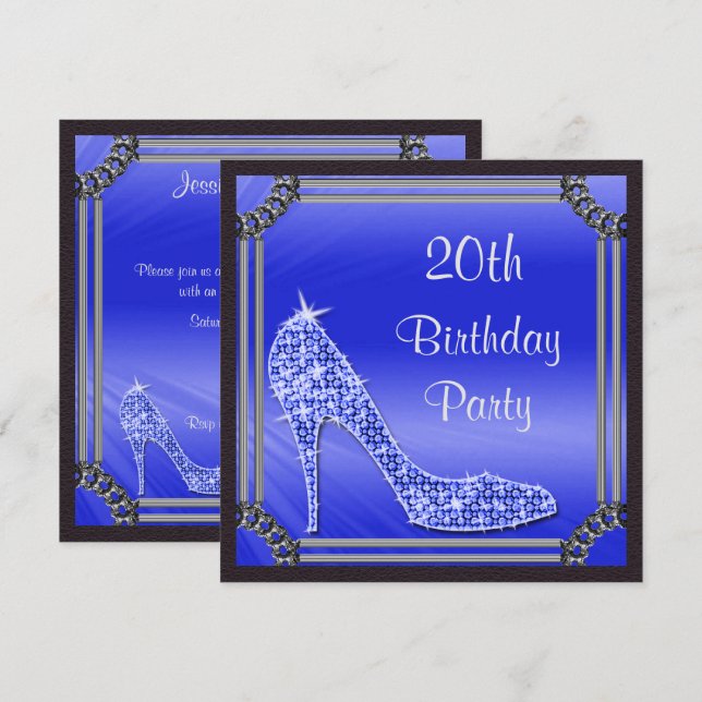 Convites Elegante Stiletto Azul com Moldura Prata para 20º  (Frente/Verso)