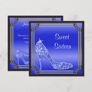 Convites Elegante Stiletto Azul de Moldura Prata Doce 16