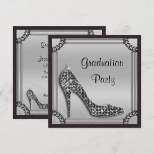 Convites Elegante Stiletto Preto com Moldura de Prata para