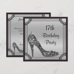 Convites Elegante Stiletto Preto com Moldura Prata para 17º
