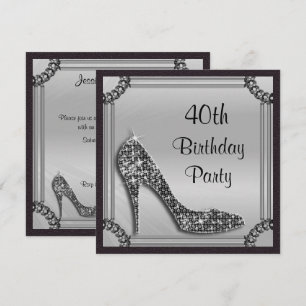 Convites Elegante Stiletto Preto com Moldura Prata para 40º