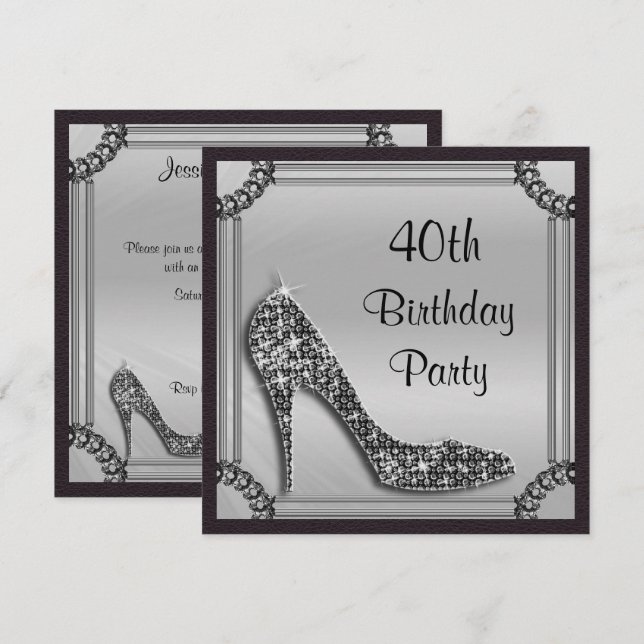 Convites Elegante Stiletto Preto com Moldura Prata para 40º (Frente/Verso)