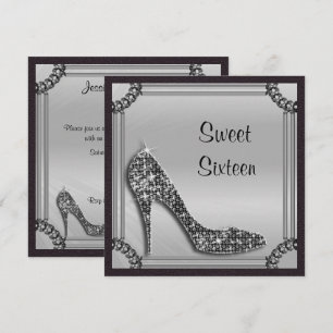 Convites Elegante Stiletto Preto com Moldura Prata Sweet 16
