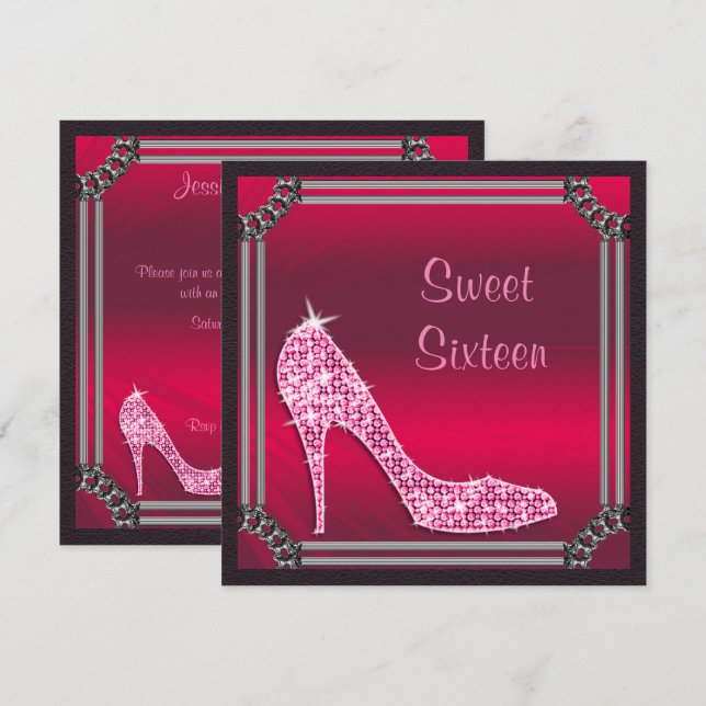 Convites Elegante Stiletto Rosa em Moldura de Prata Sweet 1 (Frente/Verso)