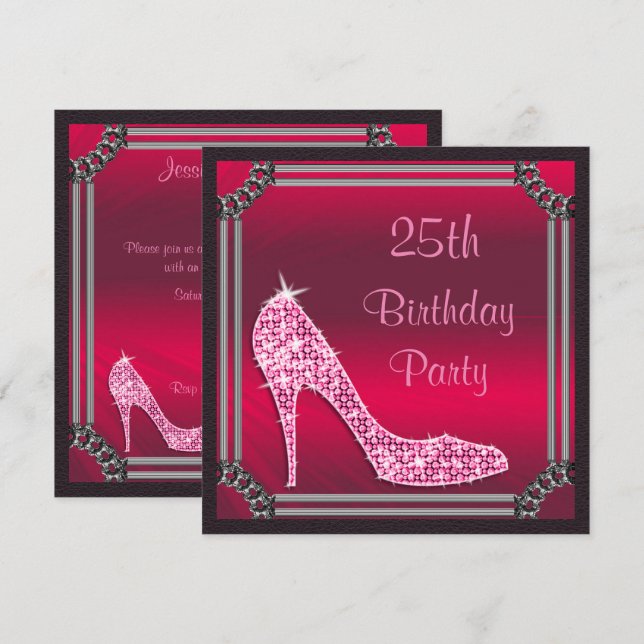 Convites Elegante Stiletto Rosa emoldurado em Prata para 25 (Frente/Verso)