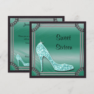 Convites Elegante Stiletto Teal emoldurado em Prata para Sw