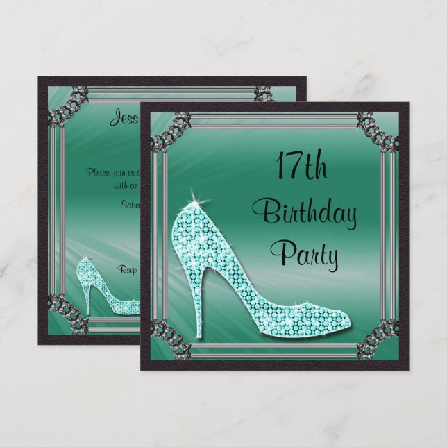 Convites Elegante Stiletto Teal Emoldurado Prateado para 17 (Frente/Verso)