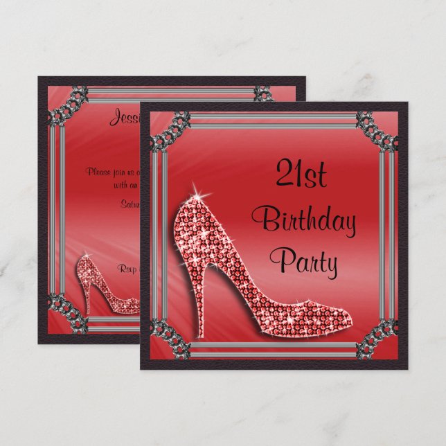 Convites Elegante Stiletto Vermelho com Moldura Prata para  (Frente/Verso)