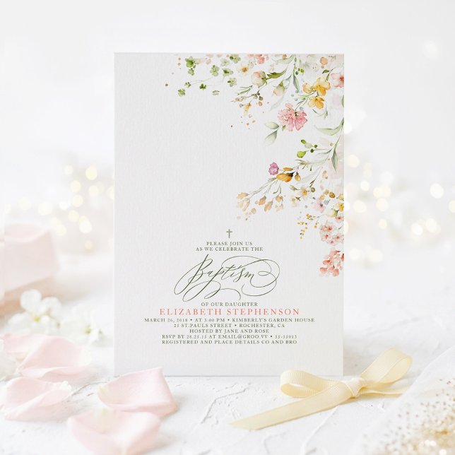 Convites Elegante Summer Meadow Wildflower Baptism (Watercolor Wildflowers Elegant Baptism Invitations for Girl)