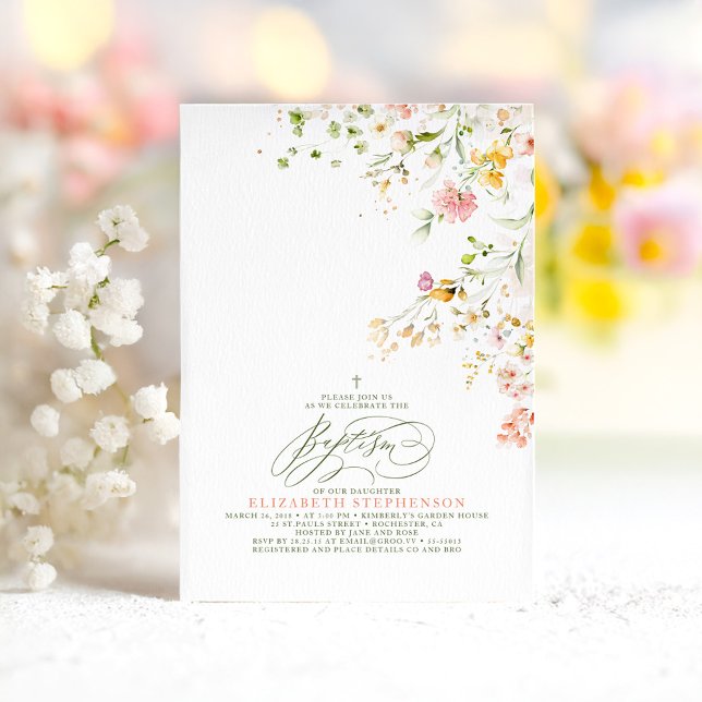 Convites Elegante Summer Meadow Wildflower Baptism (Wildflowers Baptism Invitation)