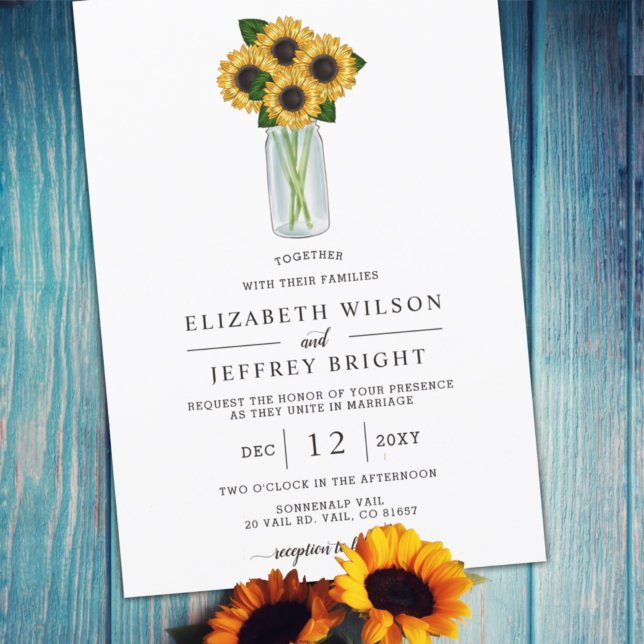 Convites Elegante Sunflower Mason Jar Wedding (Criador carregado)