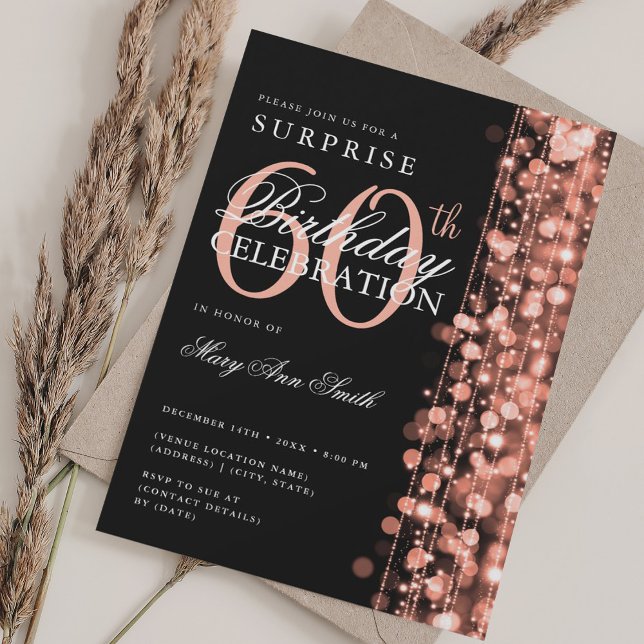 Convites Elegante Surpresa 60º aniversário Sparkles Rosa Do (Elegant Surprise 60th Birthday Sparkles Rose Gold Invitation)