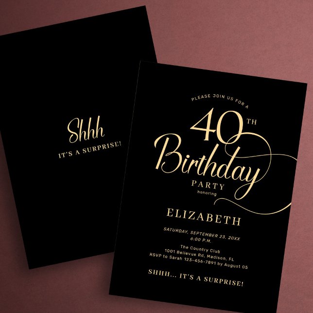 Convites Elegante Surpresa de 40 Anos em Script Preto e Dou (Criador carregado)