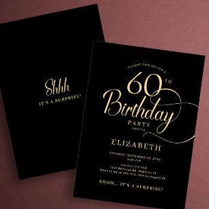 Convites Elegante Surpresa de 60 Anos em Script Preto e Dou