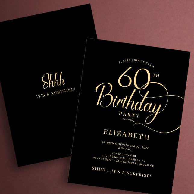 Convites Elegante Surpresa de 60 Anos em Script Preto e Dou (Criador carregado)