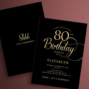 Convites Elegante Surpresa de 80 Anos em Script Preto e Dou