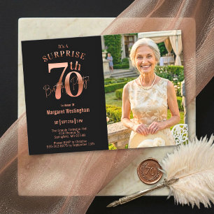 Convites Elegante Surpresa de Foto em Dourado Rosa para 70º