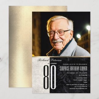 Convites Elegante Surpresa Dourada Foto de 80º Aniversário