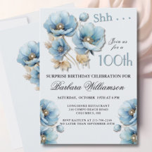 Elegante SURPRESA Floral Azul Aniversário de 100 a