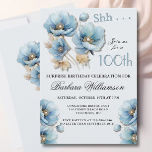 Convites Elegante SURPRESA Floral Azul Aniversário de 100 a