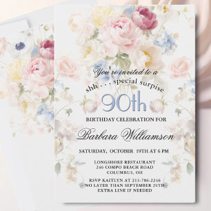 Convites Elegante SURPRESA Floral Pintada para 90º Aniversá