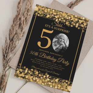 Convites Elegante SURPRESA Foto Aniversário de 50 anos Dour