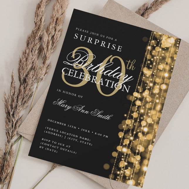 Convites Elegante Surprise aniversário de 30 anos Sparkles  (Elegant Surprise 30th Birthday Sparkles Gold Invitation)