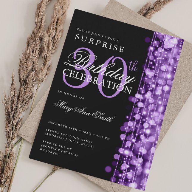 Convites Elegante Surprise aniversário de 30 anos Sparkles  (Elegant Surprise 30th Birthday Sparkles Purple Invitation)