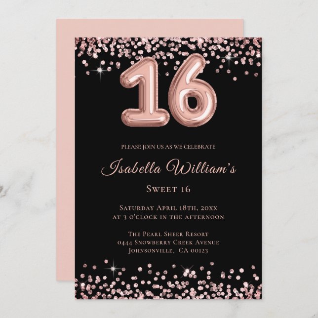 Convites Elegante Sweet 16 Birthday Balloon Black Glitter (Frente/Verso)
