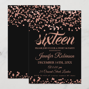 Convites Elegante Sweet 16 Rosa Dourado e Black Foil Confet