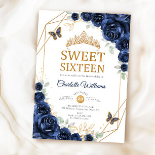 Convites Elegante Sweet 16 Rosas Azuis Navy Dourado