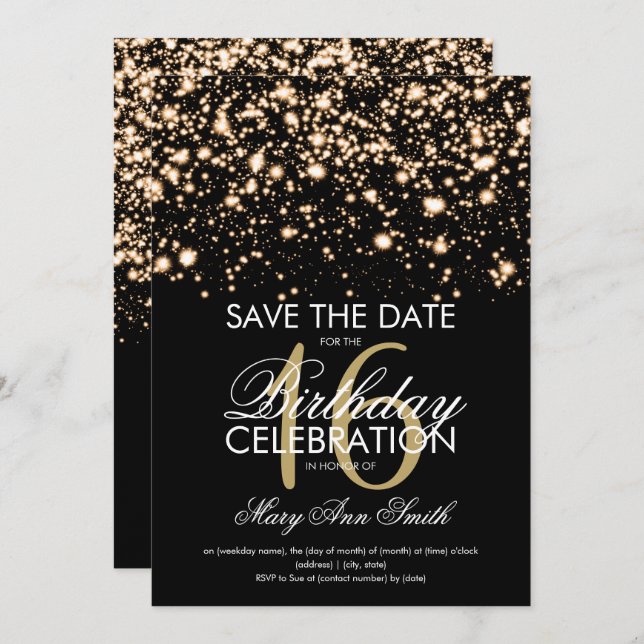 Convites Elegante Sweet 16 "Save The Date" Dourado (Frente/Verso)