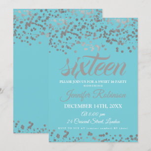 Convites Elegante Sweet 16 Silver & Blue Foil Confetti